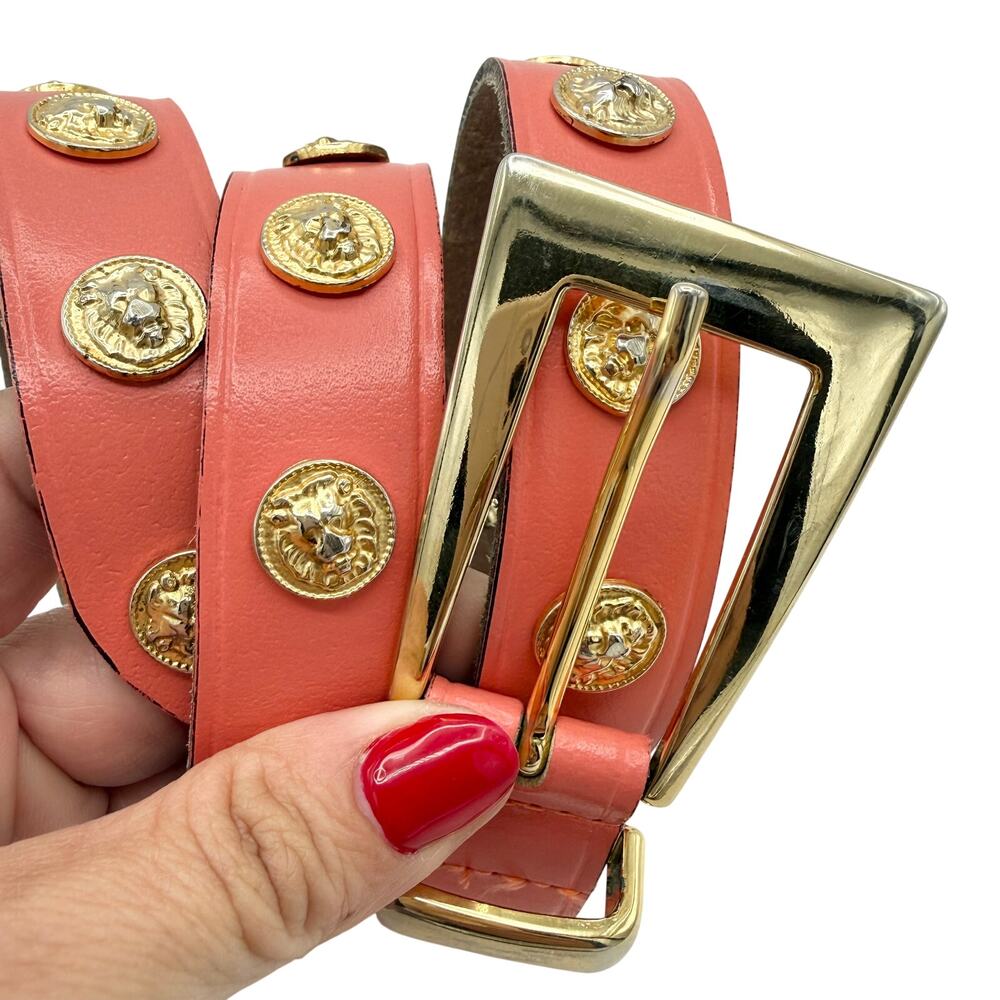 Vintage The Limited Coral Leather Belt Gold Lion Medallion‎ Buckle Boho XS S - Picture 2 of 9